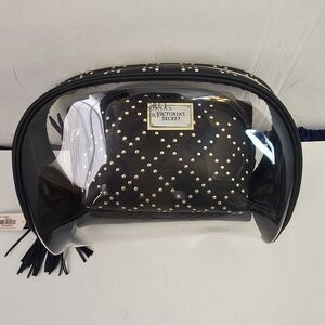 NWT Victoria's Secret Makeup Bag Trio Travel Bag Set Black Studded Vacation S117